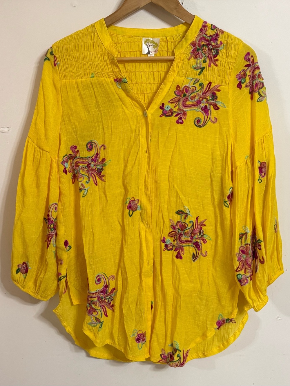 fig and flower Yellow Embroidered Floral Button-Front Blouse